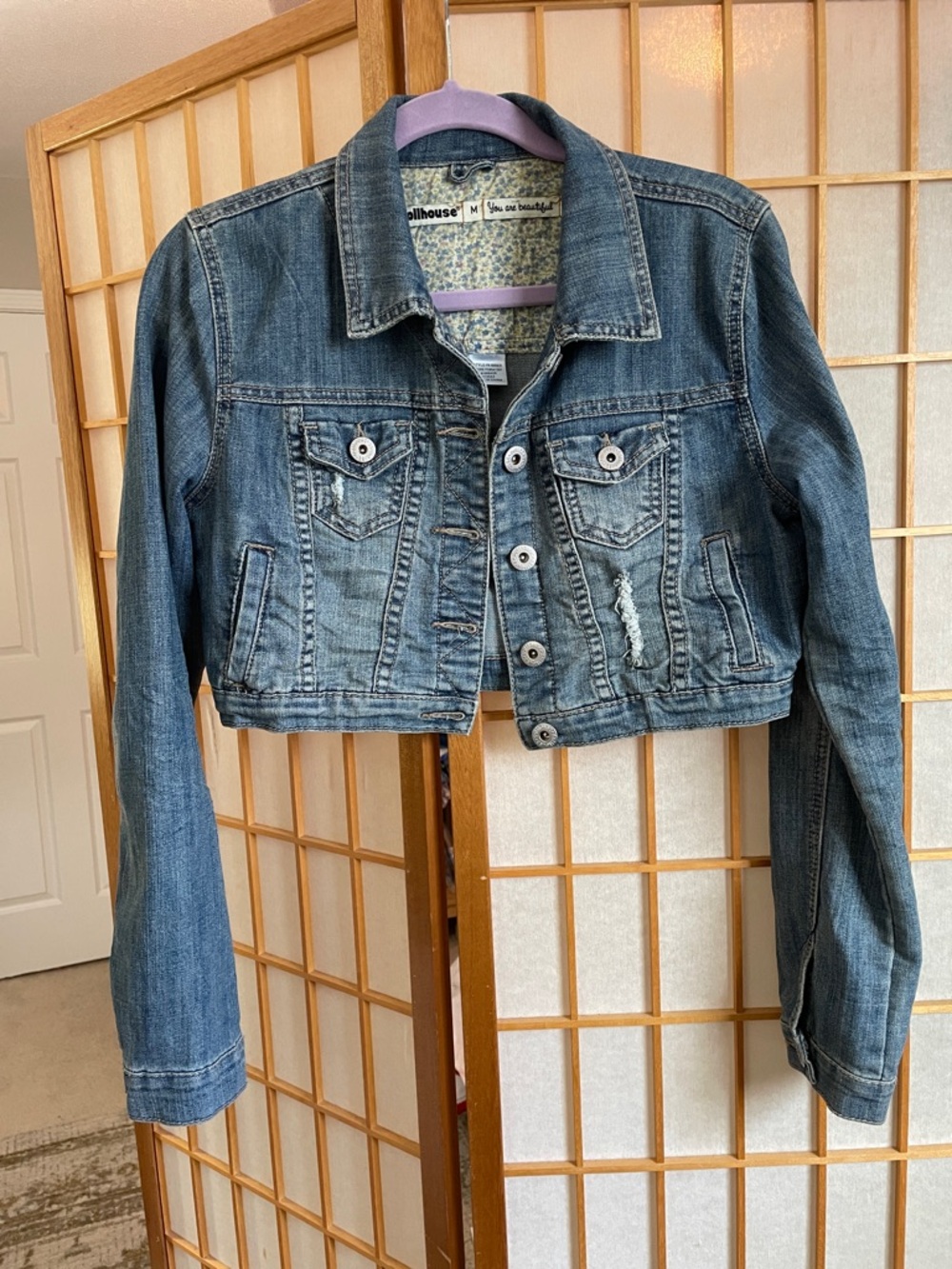 Upcycled Dollhouse Cropped Distressed Denim Jacket with Bird Hmong embroidery M - Picture 3 of 15